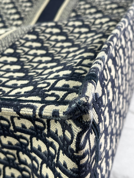 Christian Dior Ecru and Blue Oblique Embroidery Large Book Tote