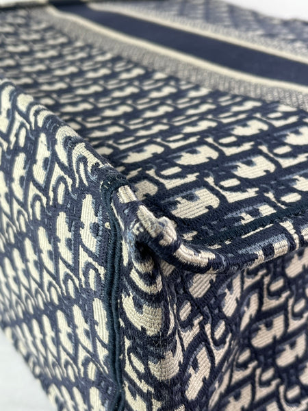 Christian Dior Ecru and Blue Oblique Embroidery Large Book Tote