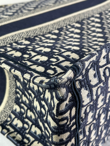 Christian Dior Ecru and Blue Oblique Embroidery Large Book Tote