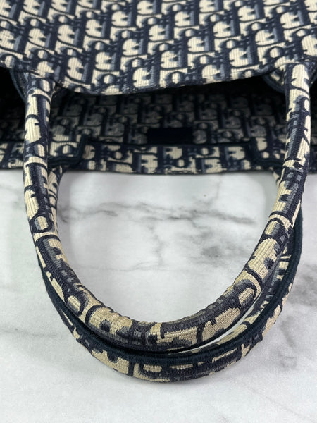 Christian Dior Ecru and Blue Oblique Embroidery Large Book Tote