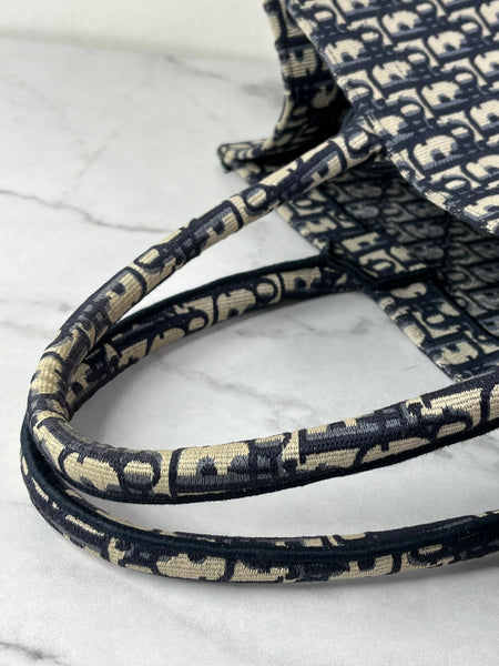Christian Dior Ecru and Blue Oblique Embroidery Large Book Tote
