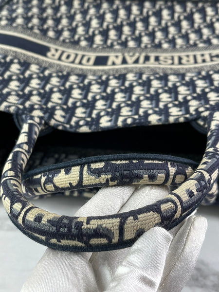 Christian Dior Ecru and Blue Oblique Embroidery Large Book Tote