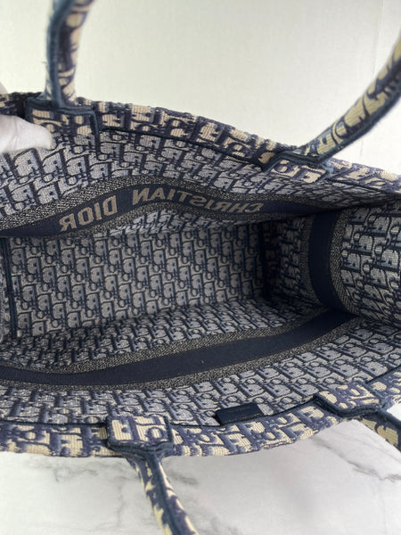 Christian Dior Ecru and Blue Oblique Embroidery Large Book Tote