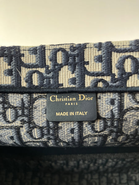 Christian Dior Ecru and Blue Oblique Embroidery Large Book Tote
