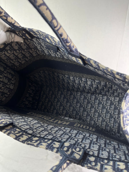 Christian Dior Ecru and Blue Oblique Embroidery Large Book Tote