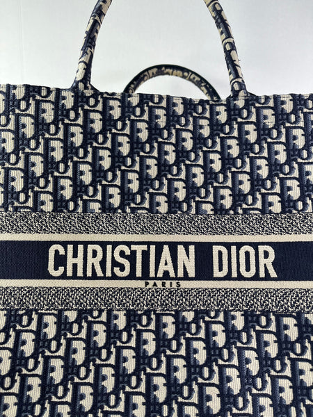 Christian Dior Ecru and Blue Oblique Embroidery Large Book Tote