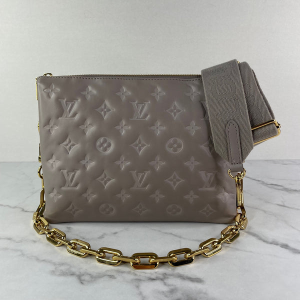 LOUIS VUITTON Lambskin Embossed Monogram Coussin PM Gris (Grey) Crossbody/Shoulder Bag