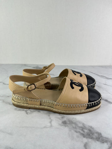 CHANEL Beige/Black CC Lambskin Espadrilles Size 36