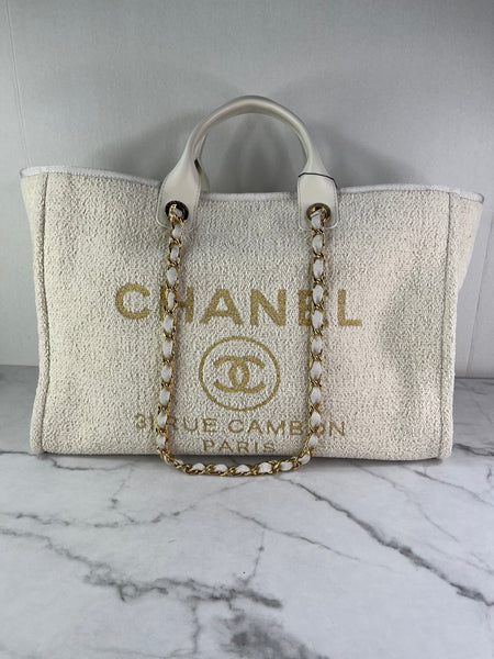 CHANEL Ivory/Cream/Gold Large Deauville Tote Bag