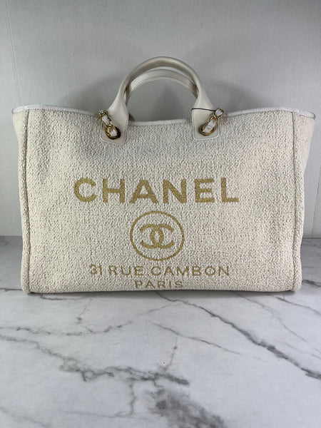 CHANEL Ivory/Cream/Gold Large Deauville Tote Bag