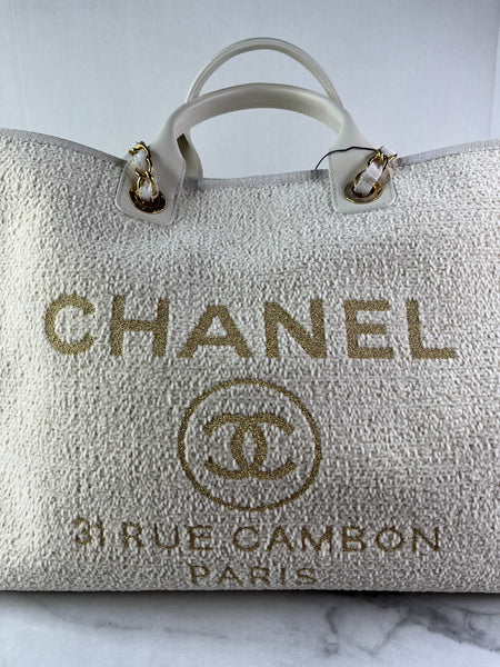 CHANEL Ivory/Cream/Gold Large Deauville Tote Bag