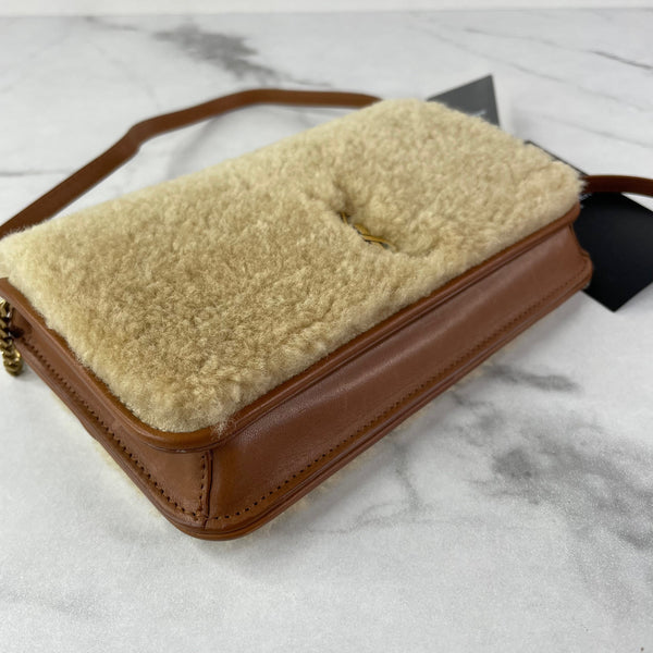 SAINT LAURENT Brown Shearling Monogram Phone Holder Crossbody/Shoulder Bag