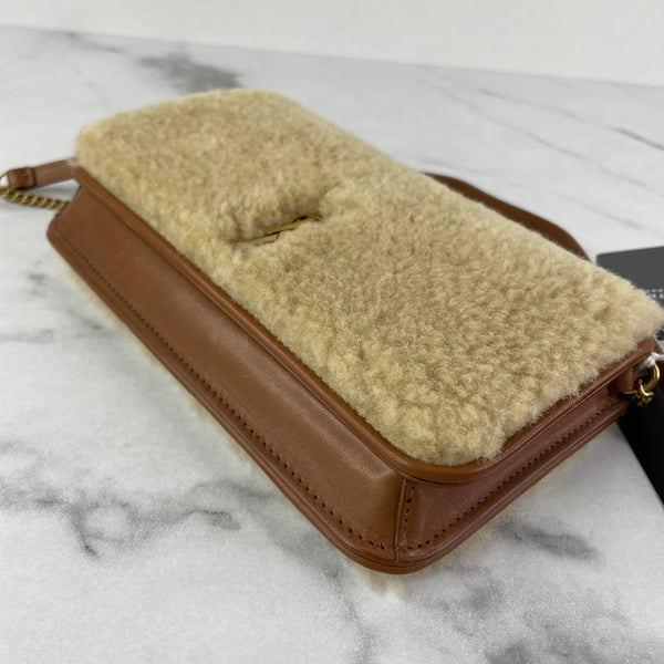 SAINT LAURENT Brown Shearling Monogram Phone Holder Crossbody/Shoulder Bag