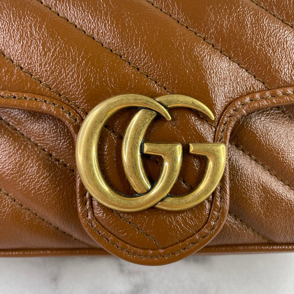 GUCCI Cuir/Brown Calfskin Matelasse Diagonal Super Mini GG Marmont Shoulder/Crossbody Bag