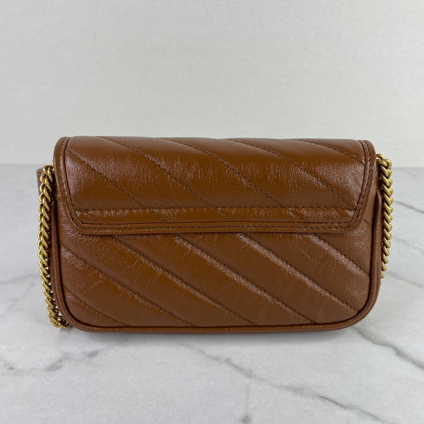 GUCCI Cuir/Brown Calfskin Matelasse Diagonal Super Mini GG Marmont Shoulder/Crossbody Bag