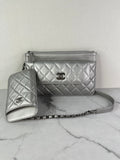 CHANEL Multi Pochette Metallic Silver Quilted Lambskin clutch/wallet/crossbody/shoulder bag