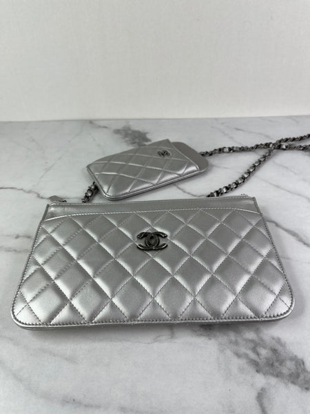 CHANEL Multi Pochette Metallic Silver Quilted Lambskin clutch/wallet/crossbody/shoulder bag