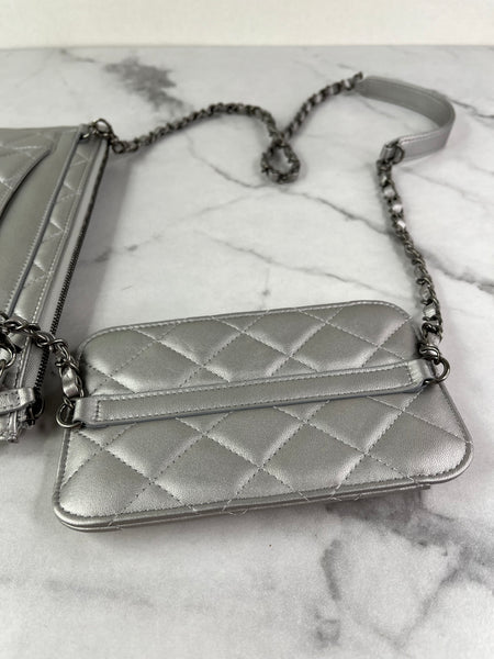 CHANEL Multi Pochette Metallic Silver Quilted Lambskin clutch/wallet/crossbody/shoulder bag