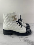 CHANEL White/Black Quilted Lace Up Combat Boots Size 37.5