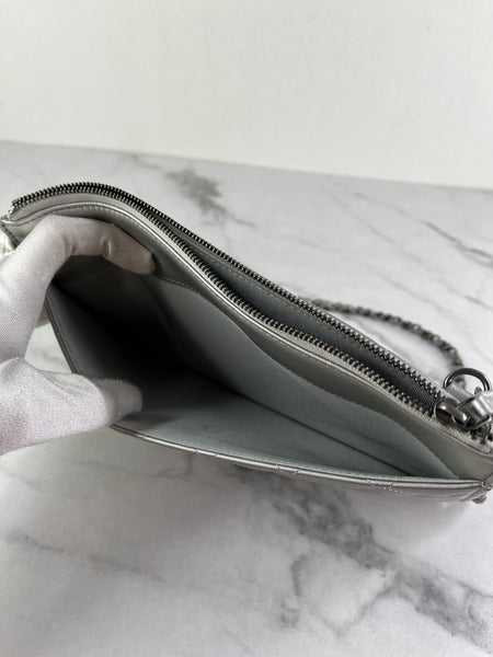 CHANEL Multi Pochette Metallic Silver Quilted Lambskin clutch/wallet/crossbody/shoulder bag