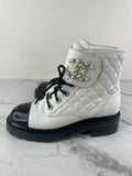 CHANEL White/Black Quilted Lace Up Combat Boots Size 37.5