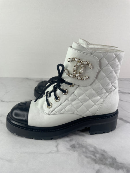 CHANEL White/Black Quilted Lace Up Combat Boots Size 37.5