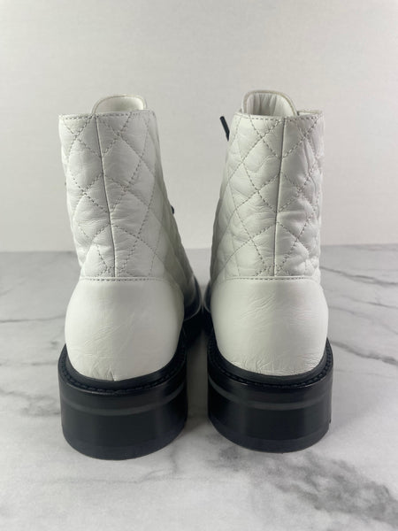 CHANEL White/Black Quilted Lace Up Combat Boots Size 37.5