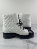 CHANEL White/Black Quilted Lace Up Combat Boots Size 37.5