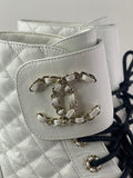 CHANEL White/Black Quilted Lace Up Combat Boots Size 37.5