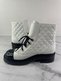 CHANEL White/Black Quilted Lace Up Combat Boots Size 37.5
