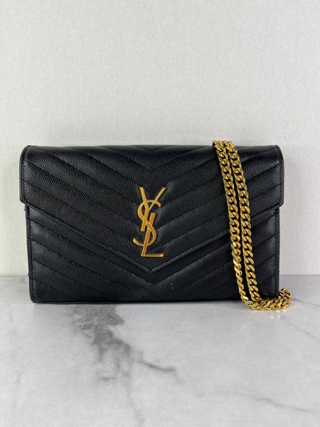 SAINT LAURENT Black CLASSIC CASSANDRE CHAIN WALLET IN GRAIN DE POUDRE LEATHER