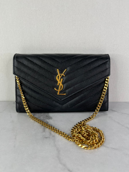SAINT LAURENT Black CLASSIC CASSANDRE CHAIN WALLET IN GRAIN DE POUDRE LEATHER