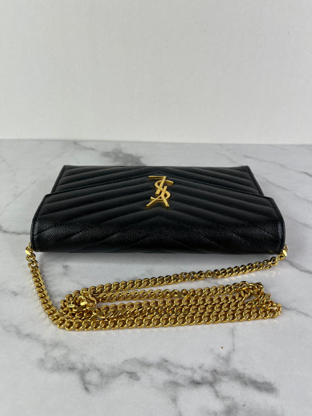 SAINT LAURENT Black CLASSIC CASSANDRE CHAIN WALLET IN GRAIN DE POUDRE LEATHER
