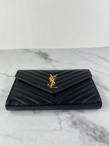 SAINT LAURENT Black CLASSIC CASSANDRE CHAIN WALLET IN GRAIN DE POUDRE LEATHER