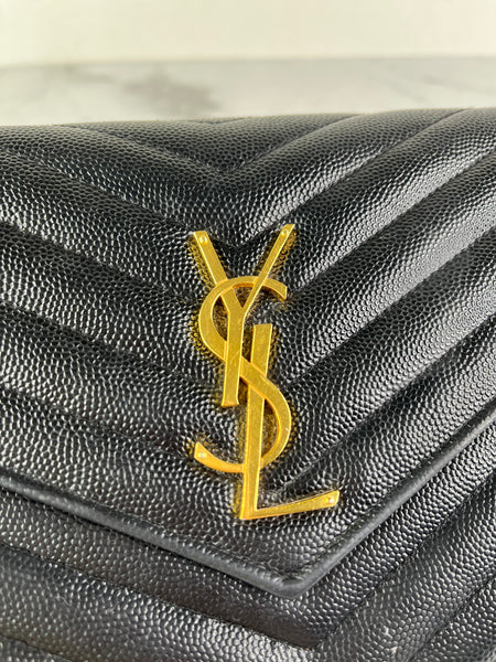 SAINT LAURENT Black CLASSIC CASSANDRE CHAIN WALLET IN GRAIN DE POUDRE LEATHER