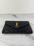 SAINT LAURENT Black CLASSIC CASSANDRE CHAIN WALLET IN GRAIN DE POUDRE LEATHER