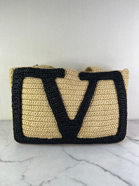 Valentino Beige/Black Raffia Viva Superstar Medium Shopping Shoulder Bag
