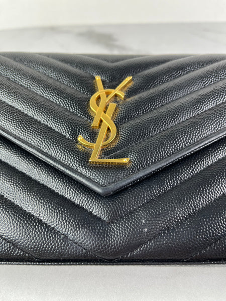 SAINT LAURENT Black CLASSIC CASSANDRE CHAIN WALLET IN GRAIN DE POUDRE LEATHER