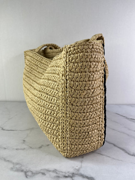 Valentino Beige/Black Raffia Viva Superstar Medium Shopping Shoulder Bag