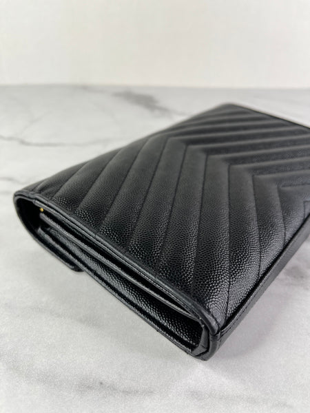 SAINT LAURENT Black CLASSIC CASSANDRE CHAIN WALLET IN GRAIN DE POUDRE LEATHER