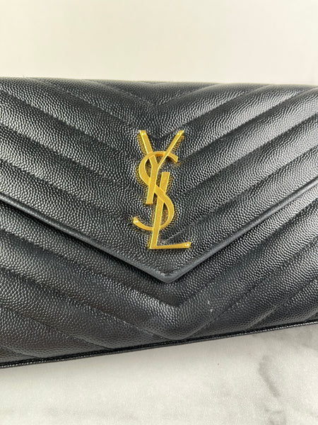 SAINT LAURENT Black CLASSIC CASSANDRE CHAIN WALLET IN GRAIN DE POUDRE LEATHER