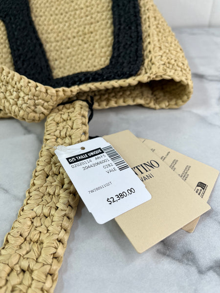 Valentino Beige/Black Raffia Viva Superstar Medium Shopping Shoulder Bag