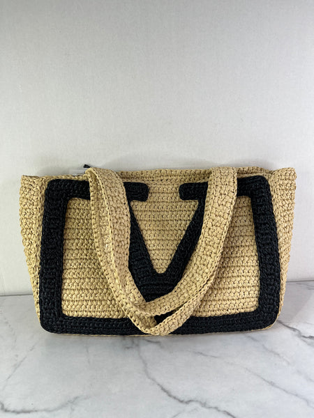 Valentino Beige/Black Raffia Viva Superstar Medium Shopping Shoulder Bag