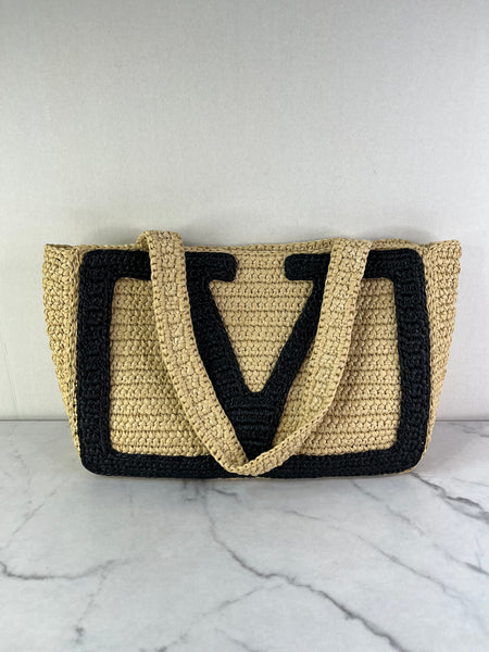 Valentino Beige/Black Raffia Viva Superstar Medium Shopping Shoulder Bag