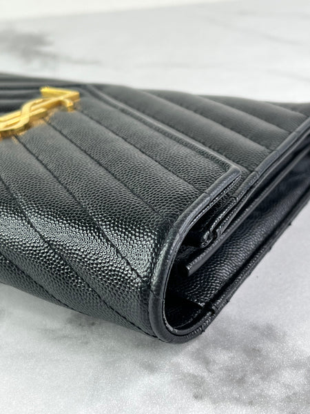 SAINT LAURENT Black CLASSIC CASSANDRE CHAIN WALLET IN GRAIN DE POUDRE LEATHER