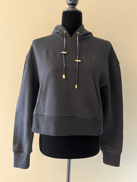 BALMAIN Black Strass Rhinestone Logo Crop Hoodie in Cotton Fleece Size Small