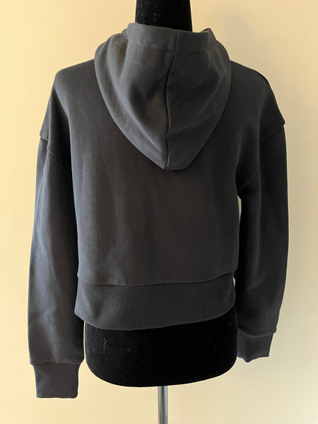 BALMAIN Black Strass Rhinestone Logo Crop Hoodie in Cotton Fleece Size Small