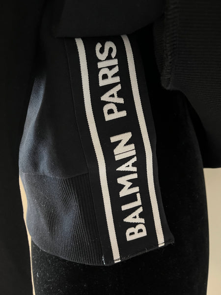 BALMAIN Black Strass Rhinestone Logo Crop Hoodie in Cotton Fleece Size Small