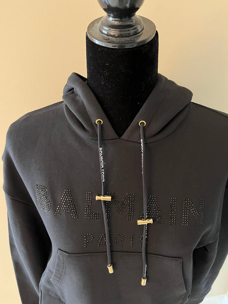 BALMAIN Black Strass Rhinestone Logo Crop Hoodie in Cotton Fleece Size Small