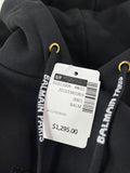BALMAIN Black Strass Rhinestone Logo Crop Hoodie in Cotton Fleece Size Small